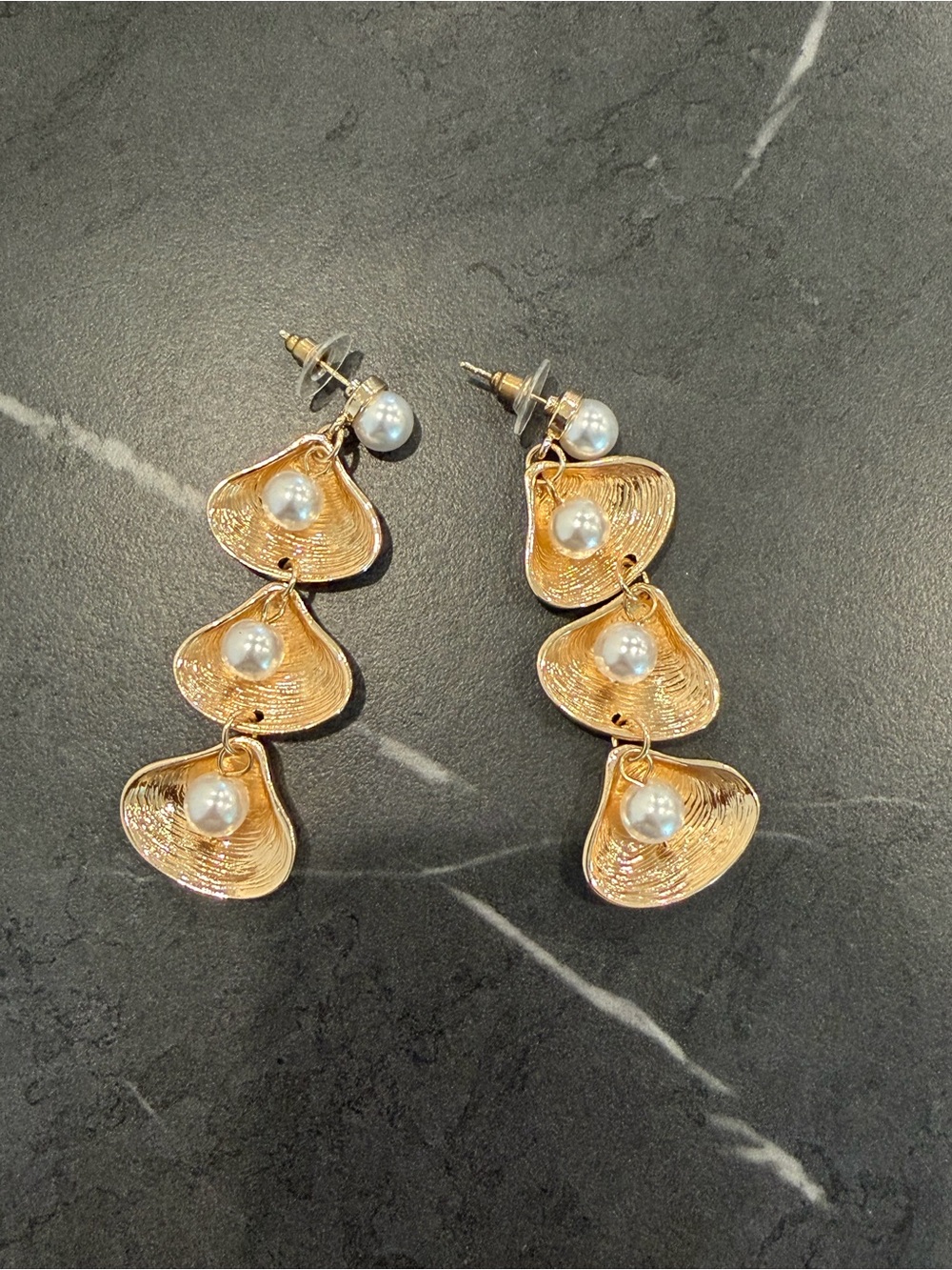 Gold Clam & Pearl Stud Earrings